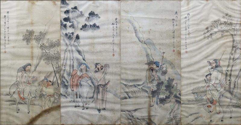 人物故事四屏·镜框（采药，祭祖，打猎，庙会）